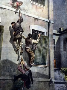 Neljän vangin rohkea pako Astin vankilasta murtautuessaan muurin läpi. Piirustus Beltrame. La Domenica del Corriere. 1902 tekijältä Achille Beltrame