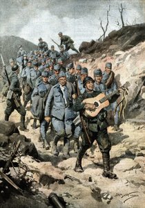 Onnellinen sankari. Vangittuaan neljäkymmentä itävaltalaista ja kitaran luolassa, sotamies Buoncompagni marssi laulavan vankiryhmän kärjessä. Ill. de Beltrame. La Domenica del Corriere. 10/1917 tekijältä Achille Beltrame