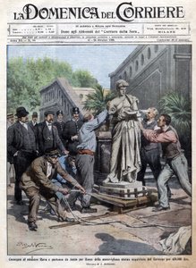 Valtion 450 tuhannella liiralla ostama patsas tuodaan Roomaan ja toimitetaan ministeri Ravalle. Ill. de Beltrame. La Domenica del Corriere. 10/1909. tekijältä Achille Beltrame