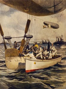 Taistelulaivoja varustavat ilmalaivat matkan aikana, Achille Beltrame, kuvitus, Kuvittaja Achille Beltrame (1871-1945), La Domenica del Corriere, 5. toukokuuta 1910. tekijältä Achille Beltrame