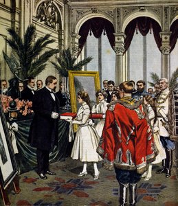Quo Vadis?:n kirjoittajan vuosipäivä, lahjojen luovutus Sinkieviczille Varsovassa, kuvitus Achille Beltrame, La Domenica del Corriere, nro 3, 20. tammikuuta tekijältä Achille Beltrame