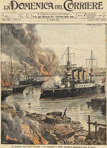 Taistelulaiva Potemkin pommittaa Odessaa, kirjoittanut Achille Beltrame, kuvitus, kuvittaja Achille Beltrame (1871-1945), La Domenica del Corrieresta tekijältä Achille Beltrame