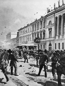 Mielenosoittajien ja poliisin välinen yhteenotto Milanossa, Corso Veneziassa, Palazzo Saporitin edessä, 7. toukokuuta tekijältä Achille Beltrame