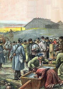 Karkotettujen venäläisten poliittisten vankien saattue matkalla maanpakoon Siperiaan, kuva La Tribuna Illustrata -lehdestä, 4. elokuuta 1907