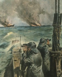 Kansikuva angloamerikkalaisten höyrylaivojen torpedoinnista Länsi-Afrikan rannikolla toisen maailmansodan aikana tekijältä Achille Beltrame