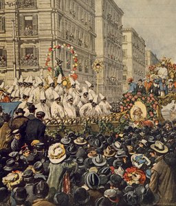 Väkijoukkoja karnevaalin aikana Napolissa, kirjoittanut Achille Beltrame, kuvitus, kuvittaja Achille Beltrame (1871-1945), La Domenica del Corrieresta, 31. tammikuuta 1904 tekijältä Achille Beltrame