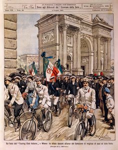 Pyöräilijät kulkueessa Arch of Peace -tapahtumassa, Italian Touring Club -juhla Milanossa, Italiassa, kuvitus Achille Beltrame La Domenica del Corrieresta, 4. kesäkuuta tekijältä Achille Beltrame