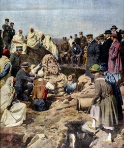 Jupiterin rintakuvan löytö Sabrathasta Libyassa vuonna 1925. kuvitus: Achille Beltrame tekijältä Achille Beltrame
