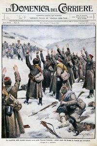 Kymmenennen Venäjän armeijan tappio Itä-Preussissa: venäläissotilaat nostivat kätensä antautuessaan, Achille Beltramen (1871-1945) levy La Domenica del Corrieresta, 28.2.-7.3.1915 tekijältä Achille Beltrame