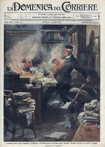 Giuseppe Mercalli (1850 -1914), italialainen seismologi ja vulkanologi, kuoli laboratoriossaan Napolissa. Achille Beltramen kuvitus sanalle "" La domenica del corriere""". 1914. tekijältä Achille Beltrame