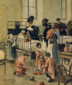 Joululahjojen jakaminen sairaalassa oleville köyhille lapsille, Achille Beltrame, kuvitus, kuvittaja Achille Beltrame (1871-1945), La Domenica del Corriere, 23. marraskuuta 1900 tekijältä Achille Beltrame