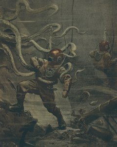 Jättiläinen mustekala hyökkäsi sukeltajaan sukelluksen aikana, Achille Beltrame, kuvitus, kuvittaja Achille Beltrame (1871-1945), La Domenica del Corrieresta, 25. lokakuuta 1908 tekijältä Achille Beltrame
