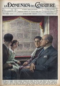 Duce Benito Mussolini, fasistisen hallituksen päällikkö, joka tuli katsomaan esitystä Rooman Teatro Argentinassa, asettuu italialaisten katsojien väliin, jotka ovat häntä niin lähellä. Kuva Achille Beltramesta elokuvassa "" La domenica del corriere"" 24.1. tekijältä Achille Beltrame