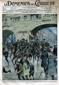 Englannin läsnäolo Saksassa: sotilasjoukot Reinin sillalla Kölnissä. Kuva Beltramesta. La Domenica del Corriere. 01/1919. tekijältä Achille Beltrame