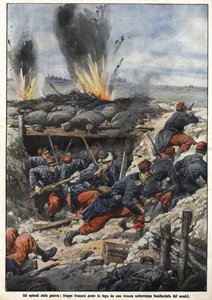 Vuoden 1914 sodan jakso: Viholliset pommittavat haudoissa olevia ranskalaisia joukkoja. “La Domenica del Corriere” tekijältä Achille Beltrame