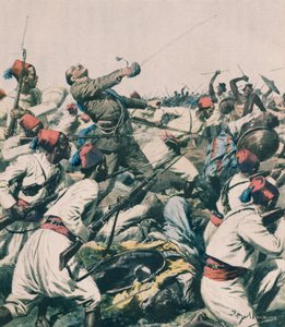 Etiopian hyökkäys Lughin varuskuntaa vastaan ​​ja kapteeni Bongiovannin tappaminen, kirjoittanut Achille Beltrame, kuvitus, Achille Beltrame (1871-1945), La Domenica del Corrieresta tekijältä Achille Beltrame