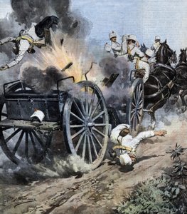 Tykistölaatikon räjähdys Capannorin lähellä Luccan alueella Italian Armeen 7. tykisykykmentin siirron aikana. Ill. de Beltrame. La Domenica del Corriere. 08/1909. tekijältä Achille Beltrame