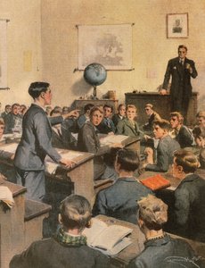 Taistelu lukutaidottomuutta vastaan, lapset koulussa, kirjoittanut Achille Beltrame, kuvitus, kuvittaja Achille Beltrame (1871-1945), La Domenica del Corrieresta tekijältä Achille Beltrame