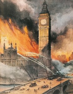 Tuli Westminsterin palatsissa Lontoossa Saksan pommi-iskun jälkeen, kuva The Sunday Courierista tekijältä Achille Beltrame