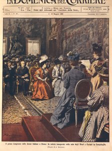 Ensimmäinen italialainen naisten kongressi Capitolissa, Roomassa, kuvitus Achille Beltrame La Domenica del Corrieresta, 3. toukokuuta tekijältä Achille Beltrame