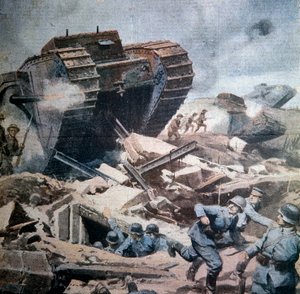 Ensimmäinen maailmansota (1914-1918): "" Englantilaisten panssarivaunujen hyökkäykset Picardiassa"" Kuva Achilles-vyöhykkeestä La Domenica del Corrieresta 1916 tekijältä Achille Beltrame