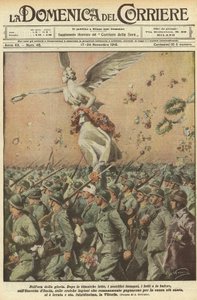 Ensimmäinen maailmansota 1918 - Italia sodassa. Voitonpäivä. Kirkkauden hetkellä. Titaanisen taistelun, valtavien uhrien, kuolemantapausten, myrskyjen jälkeen Italian armeija, sankarilliset roomalaiset legioonat, jotka taistelivat pyhimmän asian puolesta,  tekijältä Achille Beltrame