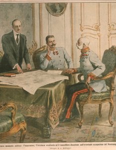 Franz Joseph I, Itävallan keisari, keskustelee Montenegron miehityksestä, Kansikuva "La Domenica del Corrieresta" tekijältä Achille Beltrame