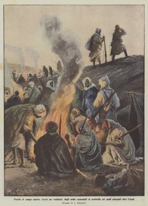 Tuli vihollisleirissä, lämmöstä sytytetty arabien vartiotehtävissä Tripolin taakse edenneissä paikoissa.