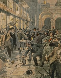 Yleislakko Milanossa, mellakoita Galleria Vittorio Emanuele II:ssa, kirjoittanut Achille Beltrame, kuvitus, kuvittaja Achille Beltrame (1871-1945), La Domenica del Corrieresta tekijältä Achille Beltrame