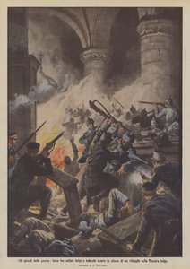 Sodan jaksot, belgialaisten ja saksalaisten sotilaiden välinen taistelu Belgian Flanderin kylän kirkossa