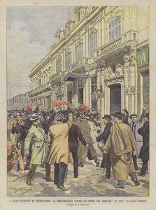 Vakavia levottomuuksia Buenos-Ayresissa, mielenosoitus El Pais -sanomalehden toimistoa vastaan Calle Floridassa.