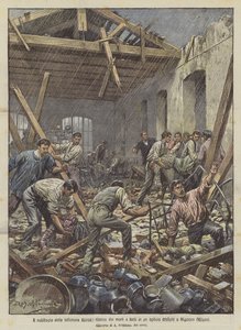 Viime viikon myrsky, kuolleiden ja loukkaantuneiden etsiminen romahtaneessa tehtaassa Musoccossa (Milano)