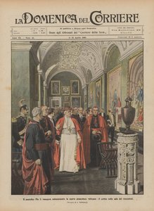 Paavi Pius X vihkii juhlallisesti Vatikaanin uuden kuvagallerian, kulkue 1400-luvun salissa