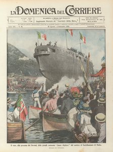 Suuren taistelulaivan Dante Alighierin laukaisu Castellammare di Stabian telakalta suvereenien läsnäollessa