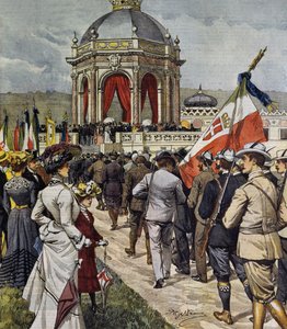 IV-ammuntakilpailun avajaiset Farnesinan polygonilla, Roomassa, Italiassa, kuvitus Achille Beltrame La Domenica del Corrieresta, 25. toukokuuta tekijältä Achille Beltrame