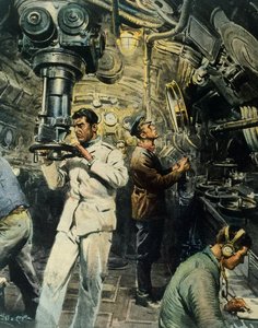 Sukellusveneen sisustus, Achille Beltrame (1871-1945), kuvitus La Domenica del Corrieresta, 28. joulukuuta tekijältä Achille Beltrame