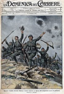Italian armeija voitti Itävalta-Unkarin joukot Karstvuorilla Sloveniassa. Näin italialaiset etenivät kohti Triesteä. Ill. de Beltrame. La Domenica del Corriere. 06/1917. tekijältä Achille Beltrame