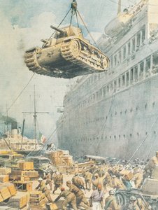 Italialainen saattue saapumassa määränpäähänsä Libyaan, kirjoittanut Achille Beltrame, kuvitus, kuvittaja Achille Beltrame (1871-1945), La Domenica del Corrieresta tekijältä Achille Beltrame