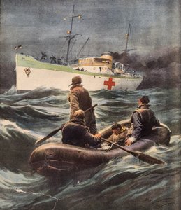 Italialainen sairaalalaiva pelastamassa neljä alas ammuttua saksalaista lentäjää, Achille Beltrame (1871-1945), kuva La Domenica del Corrieresta, 23. helmikuuta tekijältä Achille Beltrame