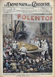 Italialainen suosittu festivaali: polenta geante (polentone) järjestetään kaupungissa lähellä Astia Venetossa. Kuva Achille Beltramesta elokuvassa "La Domenica del Corriere" 7.3.1937. tekijältä Achille Beltrame