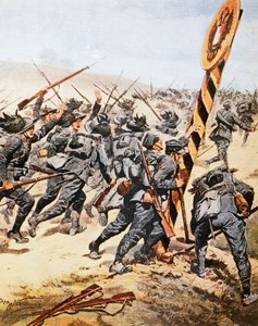 Italialaiset sotilaat ylittämässä Itävallan rajaa, kirjoittanut Achille Beltrame (1871-1945), kuvitus La Domenica del Corrieresta, kesäkuu 1915 tekijältä Achille Beltrame