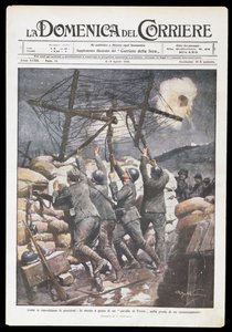 Italialaiset sotilaat asettavat friisihevosta kaivannon päälle, Achille Beltramen (1871-1945) lautanen Domenica del Corrierelle, 2.-9. huhtikuuta 1916, ensimmäinen maailmansota, Italia, 1900-luku tekijältä Achille Beltrame