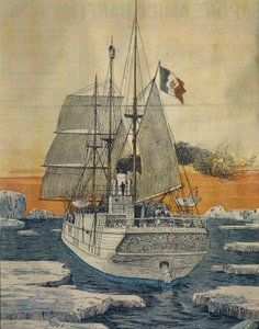 Matka pohjoisnavalle: Polar Star -alus, joka kuljetti Savoy-Aostan prinssi Luigi Amedeoa, Abruzzin herttua Teplitzin lahdelle Rudolf-saarella, Achille Beltramen (1871-1945) toimesta La Domenica del Corrieresta tekijältä Achille Beltrame