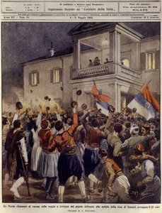 Montenegron kuningas Nikolai I Cettignen väkijoukon edessä Shkodrin kaupungin antautumisen jälkeen, 4. toukokuuta tekijältä Achille Beltrame