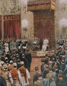 Italian kuningas, Savoian kuningas Vittorio Emanuele III, kruunattu albaanien kuninkaaksi, Achille Beltrame, kuvitus, kuvittaja Achille Beltrame (1871-1945), La Domenica del Corrieresta tekijältä Achille Beltrame