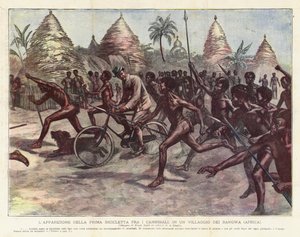 Ensimmäisen polkupyörän ilmestyminen kannibaalien joukossa Bangwan kylässä (Afrikka) tekijältä Achille Beltrame
