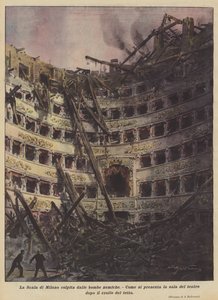 La Scala Milanossa joutui vihollisen pommien osumaan tekijältä Achille Beltrame