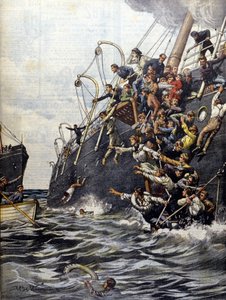 Libanonin katastrofi: matkustajat heittäytyvät mereen törmäyksen jälkeen toisen linja-auton kanssa Marseillen rannikolla. Beltramen kuvitus. Domenica del corriere. 1903. tekijältä Achille Beltrame