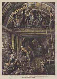 Simplon-tunnelin, sisäverhouksen viimeisen kiven töiden loppu (18. lokakuuta) tekijältä Achille Beltrame