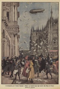Kansallisen lainan propaganda Milanossa, ilmalaiva laskee värilliset lakanat Piazza del Duomolle